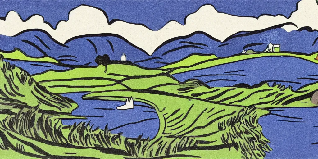 Prompt: landscape illustration in the style of roy lichtenstein