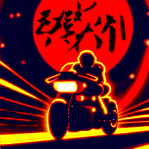 Image similar to kaneda on his motorcycle in neo tokyo looking for akira, night, neon lights, speed, art by katsuhiro otomo, ultra detailed, 8 k