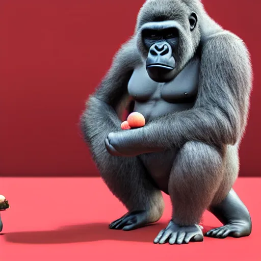 Image similar to animation key shot of a gorilla holding a very small red mushroom, chilled out smirk on face, studio ghibli, pixar and disney animation, sharp, rendered in unreal engine 5, anime key art by greg rutkowski, bloom, dramatic lighting made by banksy