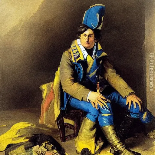 Prompt: Volodymyr Zelensky at war, dressed like Napoleon Bonaparte, his clothes are torn and dirty, he is sitting between dead corpses and weeping, holding a half burnt blue and yellow flag of Ukraine, by Francisco Goya