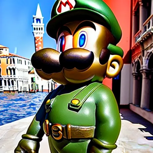 Image similar to beautiful photograph of super mario bronze statue, situated in venice