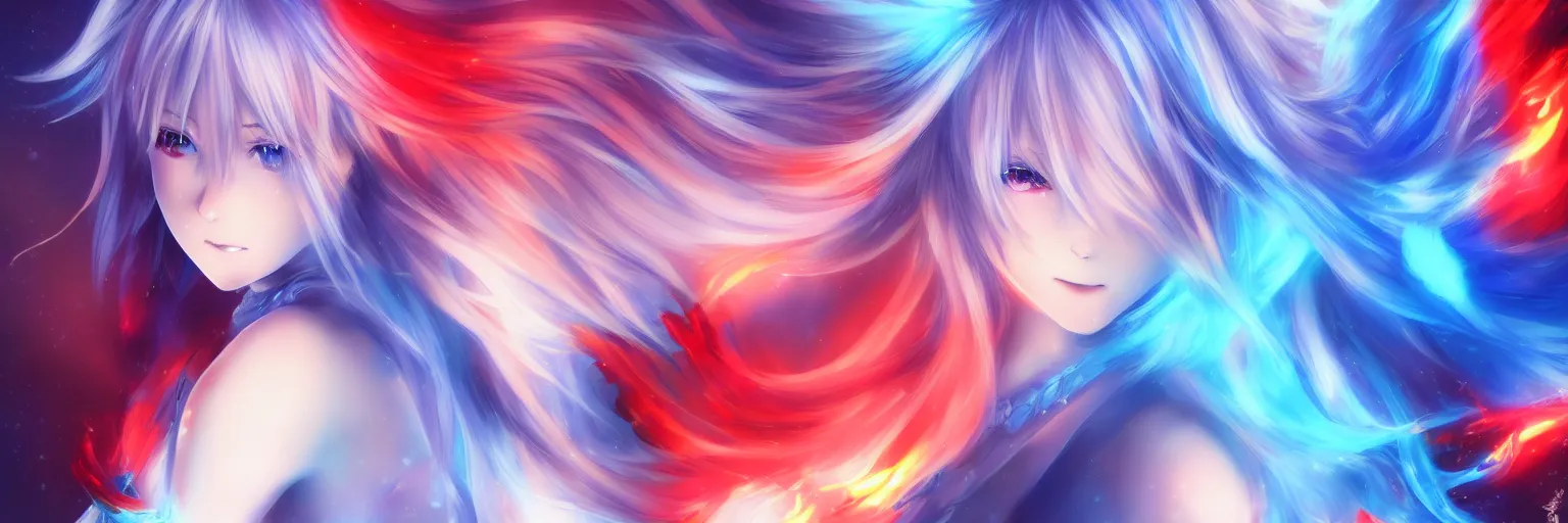 Image similar to advanced digital anime art, a very cute gorgeous teenage girl with a body made of fire and ice , full body, very long snow colored hair, sky blue highlights in hair, red fiery watery eyes, full round face, dramatic cinematic lighting, wideshot, highly intricately detailed, trending on pixiv, Artstation,