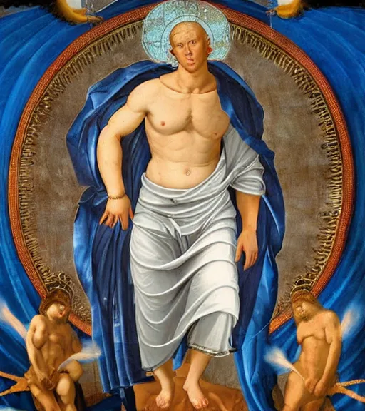 Image similar to hank hill wearing a white toga, emerging from blue fire, surrounded by blue flames, renaissance religious painting, late gothic religious paintings, byzantine religious art, painting by duccio di buoninsegna and carlo crivelli, detailed, trending on artstation