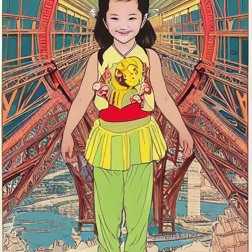 Image similar to a chinese caucasian mixed race hapa five - year - old girl, dressed as a ballerina, balancing on the golden gate bridge, smiling into the camera, portrait, wide shot, sunset illustration, pop art, splash painting, art by geof darrow, ashley wood, alphonse mucha