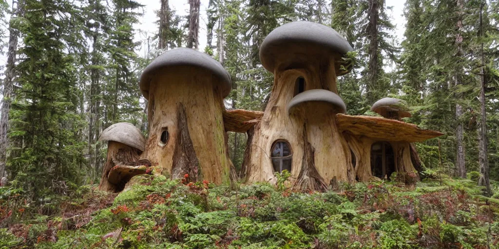 Image similar to tower residence made of an enormous mushroom, pacific northwest, round doors