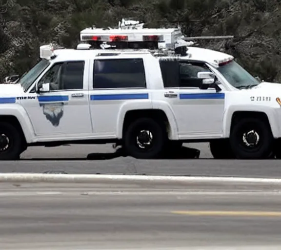 Prompt: donald trump driving white suv, high speed chase freeway, police cars, ap news photo