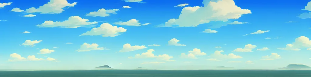 Prompt: Panorama view of the sky, looking out over the sea, Miyazaki Hayao, ghibli style, illustration, azure tones, vintage colors, large clouds visible, 45* degree up from the horizon