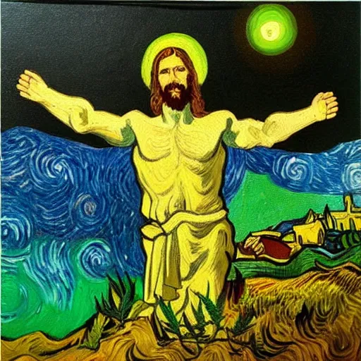 Image similar to jesus spreads his hands against the background of growing cannabis. an oil painting in the style of van gogh