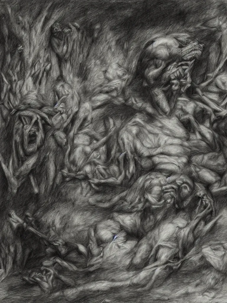 Image similar to inside my nightmares, charcoal detailed drawing, Greg Rutkoski style, Gustave Dore style,