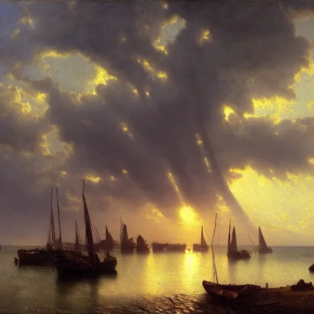 Image similar to stunning high quality landscape painting of a cornish fishing port at sunset by albert bierstadt, highly detailed, sharp focus, volumetric lighting, dramatic light, crepuscular rays, stormy clouds approaching, trending on artstation, cgsociety, masterpiece