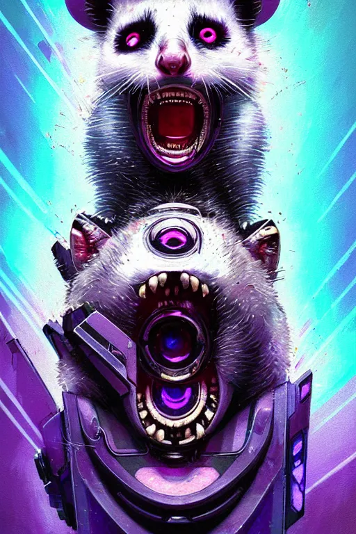 Image similar to a beautiful portrait of a cute cyberpunk opossum screaming by sandra chevrier and greg rutkowski and wlop, purple blue color scheme, high key lighting, volumetric light, digital art, highly detailed, fine detail, intricate, ornate, complex, octane render, unreal engine, photorealistic