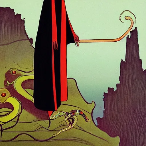 Prompt: A beautiful drawing of a horned, red-eyed, skeleton-like creature, with a long black cape, and a staff with a snake wrapped around it, standing in front of a castle atop a cliff. ikebana by Vincent Di Fate, by Frank Lloyd Wright intuitive