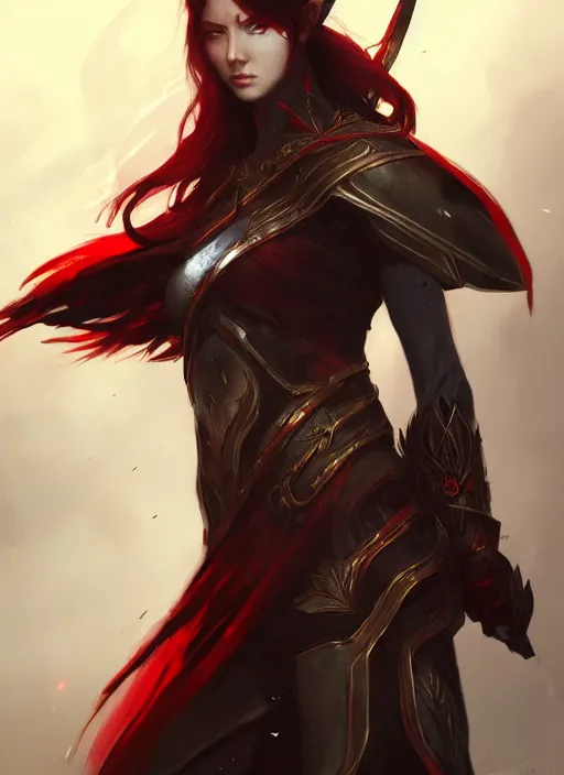 Image similar to Half-body portrait an elven warrior princess with black and red hair. In style of Hyung-tae Kim and Greg Rutkowski, concept art, trending on ArtStation, Korean MMORPG, over-detailed art, 8K, epic, dynamic lightning, dramatic pose.