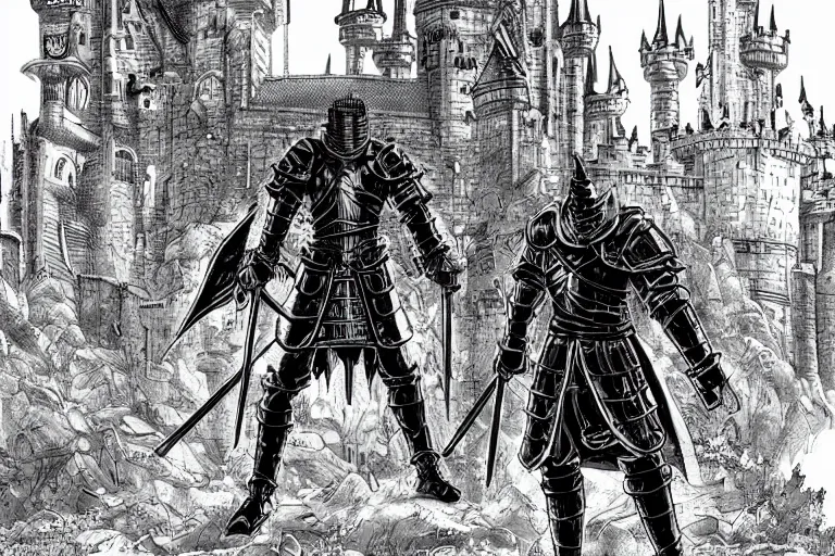 Prompt: A confident male knight standing in front of a giant fantasy castle in the style of Overlord by studio madhouse and berserker by Kentaro Miura, in full colour, zoomed out, low perspective, anime style