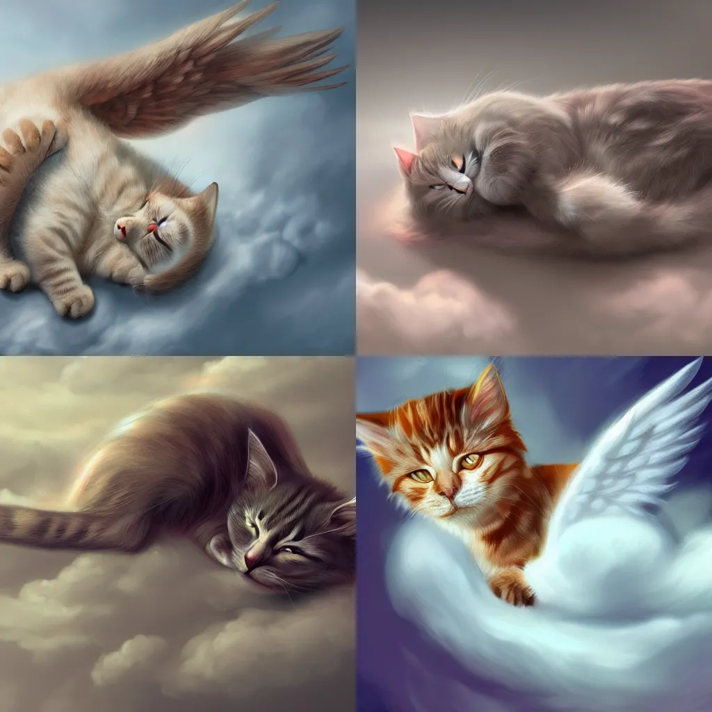 Prompt: cat sleeping on a cloud with angel wings, hyperdetailed, artstation, cgsociety, 8k