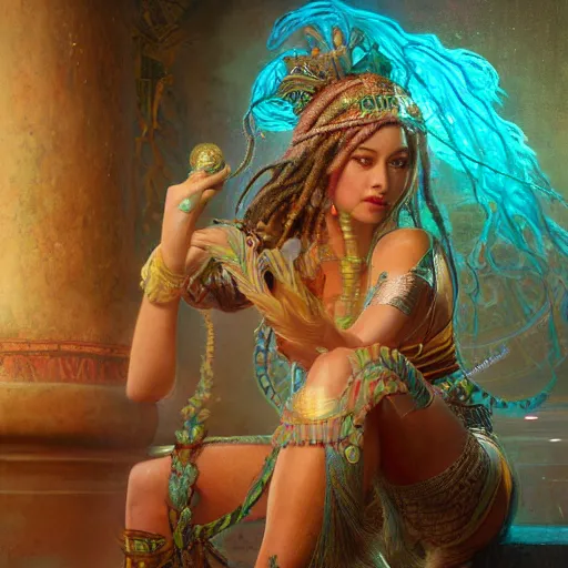 Prompt: octane render, artstation, 8 k, intricate detail, hyper detail, portrait by gaston bussiere, tan skin lady of elche, egyptian sumerian features, techno mystic goddess princess intergalactica inanna with aqua neon rapunzel dreadlocks,