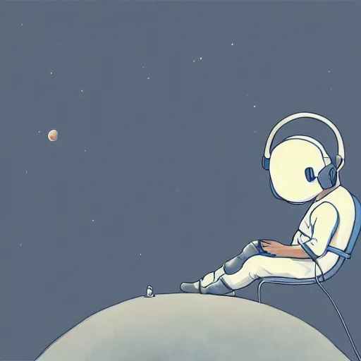 Image similar to medium shot of male wearing headphones sitting on the moon, calm, soothing, relaxed, cosy, quiet, elegant, cybernetic, glows, digital painting, Hayao Miyazaki, realism,