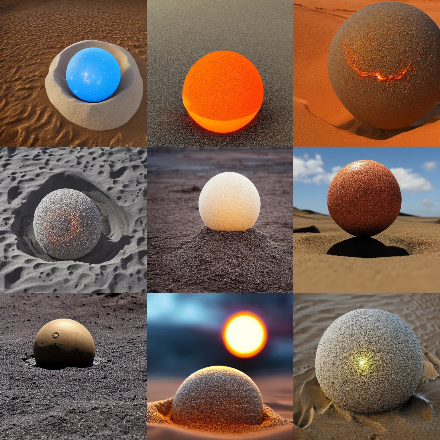 Prompt: A sphere made of sand levitating over a big puddle filled with glowing lava