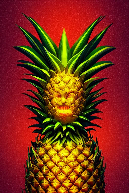 Image similar to glowing luminescent pineapple humanoid figure monster, symmetrical, highly detailed, digital art, sharp focus, trending on art station, amber eyes, autumnal colours