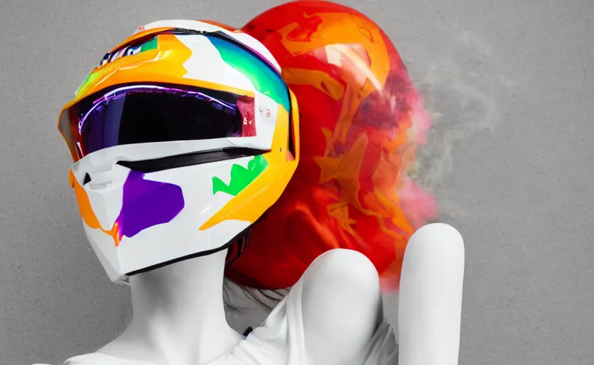 Image similar to extremely beautiful photo of a white marble statue of a girl with colorful motocross logos and motorcycle helmet with closed visor, colorful smoke in the background, carved marble statue, symmetrical, vogue, fine art, neon genesis evangelion, virgil abloh, offwhite, denoise, highly detailed, 8 k, hyperreal