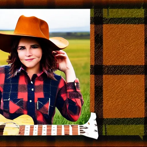 Prompt: a female fluffy anthropomorphic fox animal, head of fox, wearing cowboy hat, wearing plaid shirt, playing guitar, in a field, barn in background, album cover style