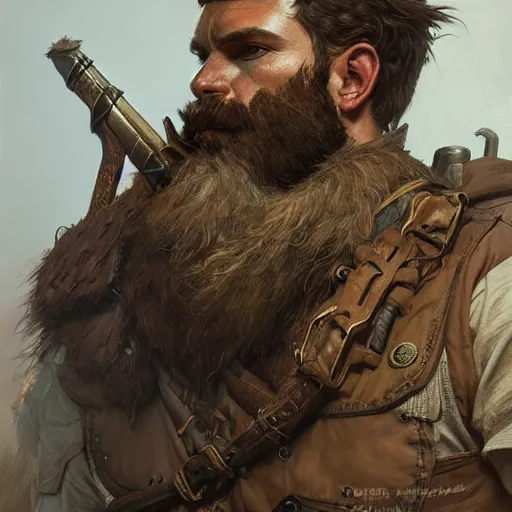 Image similar to portrait of a rugged ranger, full body, hairy torso, D&D, fantasy, intricate, elegant, highly detailed, digital painting, artstation, concept art, matte, sharp focus, illustration, art by Artgerm and Greg Rutkowski and Alphonse Mucha