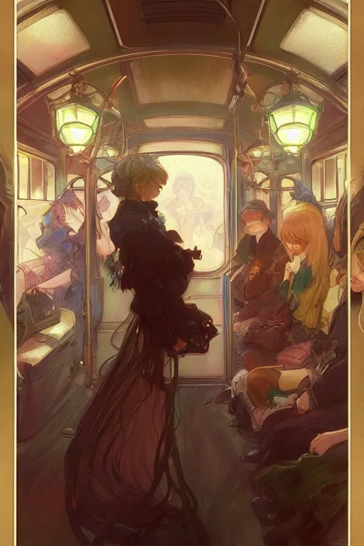 Prompt: inside the train, night, lamplight, shimmering and prismatic, rococo, by krenz cushart and mucha and monet, trending on artstation.