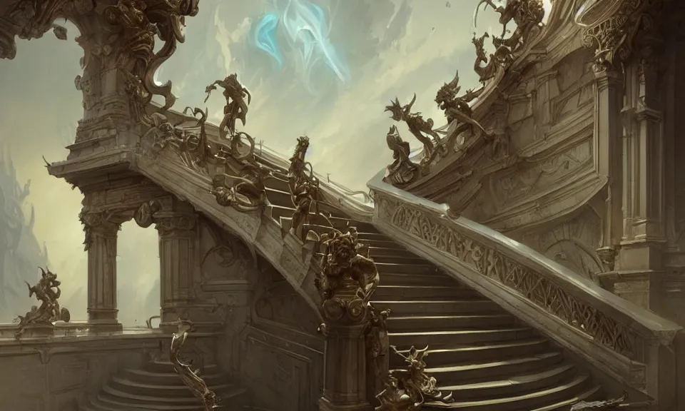 Image similar to straight staircase with ornate statues to heaven, art by greg rutkowski and peter mohrbacher, featured in artstation, octane render, cinematic, elegant, intricate, ultra detailed, rule of thirds, professional lighting, unreal engine, fantasy, concept art, sharp focus, illustration, 8 k