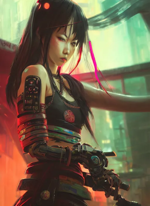 Image similar to cyberpunk samurai girl, battle pose, neon swords, beautiful, detailed portrait, intricate complexity, concept art by krenz cushart, kyoto animation, wlop, 8 k, beautiful, cinematic dramatic atmosphere, sharp focus, award winning