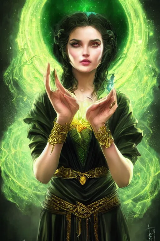Prompt: a portrait of a beautiful attractive young girl sorceress wearing a black robe with gold embroidery, casting a spell, green glows, painted by artgerm and tom bagshaw, in the style of magic the gathering, highly detailed digital art