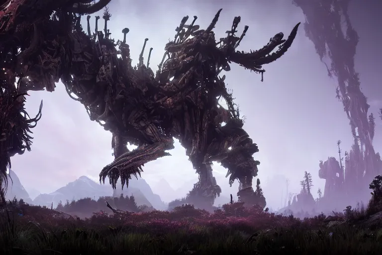 Image similar to wide epic shot from horizon forbidden west. a hyper detailed organic mechanic creatuve realistic similar look as horizon forbidden west horizon zero dawn, bioluminiscence in a dark deep forest at dawn in spring, with reflection and textures, by kilian eng, substance painter reaslitic mech surface metal painted scratches, world env from horizon forbidden west horizon zero dawn