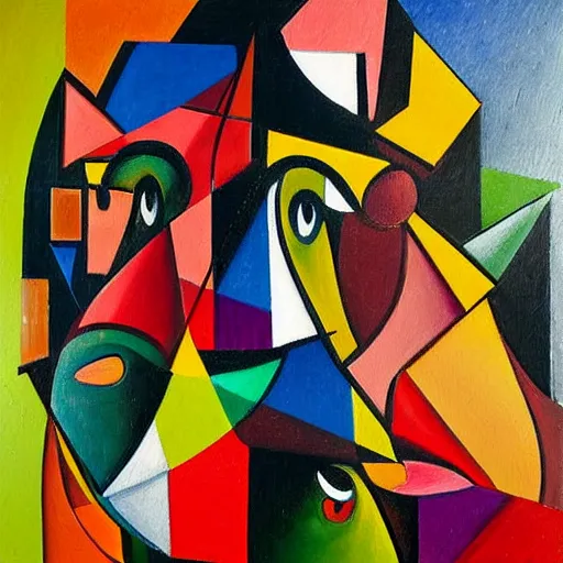 Prompt: The painting is a tour de force of Cubist technique, with its subject matter broken into a multitude of facets and its surface an intense play of textures and colors. The overall effect is one of great energy and dynamism, with the figure of the bull at the center of the composition seeming to charge forward. cerise, modernism by Donato Giancola, by Artgerm, by Lynda Barry vfx