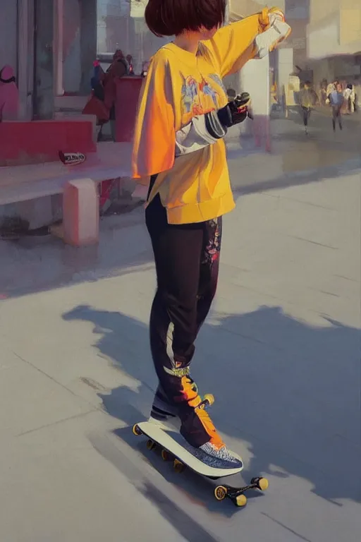 Image similar to A ultradetailed beautiful panting of a stylish woman standing on a skateboard, she is wearing streetwear, bright sunny day, Oil painting, by Ilya Kuvshinov, Greg Rutkowski and Makoto Shinkai