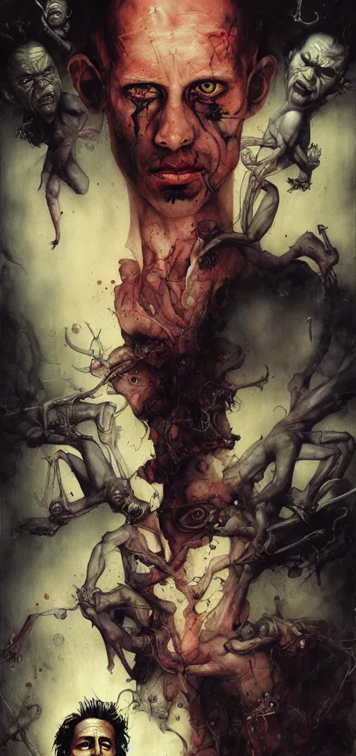 Image similar to portrait of tyler durden and the narrator in the style of wayne barlowe, gustav moreau, peter mohrbacher, bussiere, roberto ferri, santiago caruso, luis ricardo falero, austin osman spare