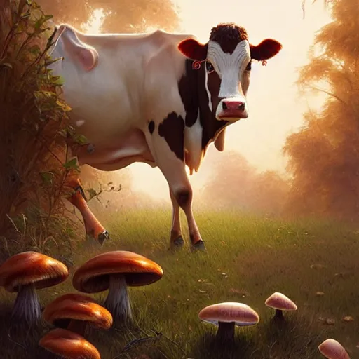Prompt: long shot photo of a cow with mushrooms growing on its back, highly detailed, digital painting, artstation, smooth, sharp focus, illustration, art by artgerm and greg rutkowski and alphonse mucha