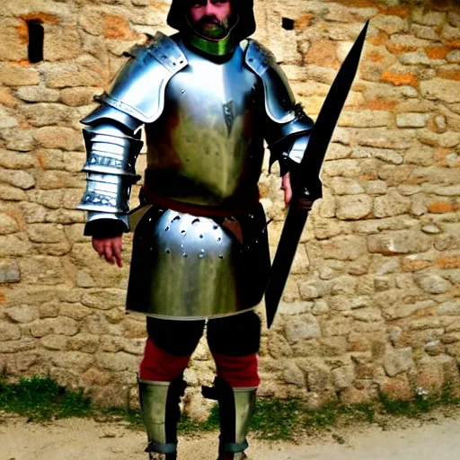 Image similar to medieval village idiot wearing full armor and war gear, no helmets