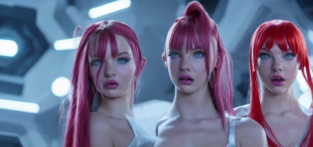 Image similar to a young woman who is a mix of dove cameron and madison beer and milla jovovich stars as leeloo in the 2 0 2 4 remake of the 5 th element, cinematic still, action shot, 8 k hdr