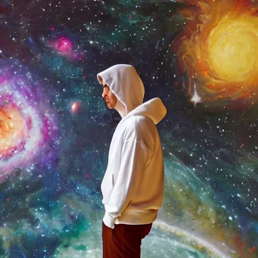 Image similar to guy with white hoodie levitates in the center of the galaxy painting