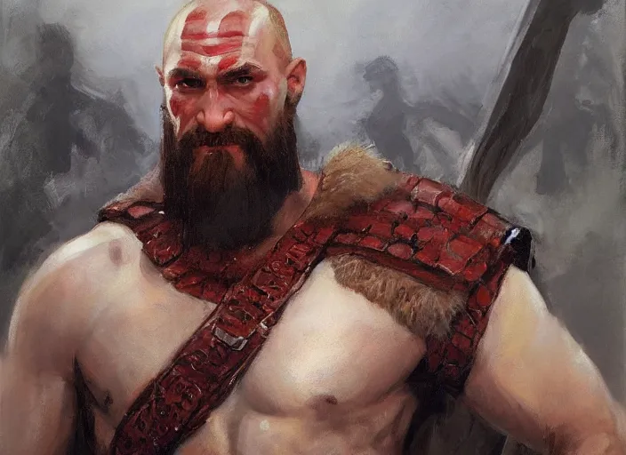 Image similar to a highly detailed beautiful portrait of vladimir putin as kratos, by gregory manchess, james gurney, james jean