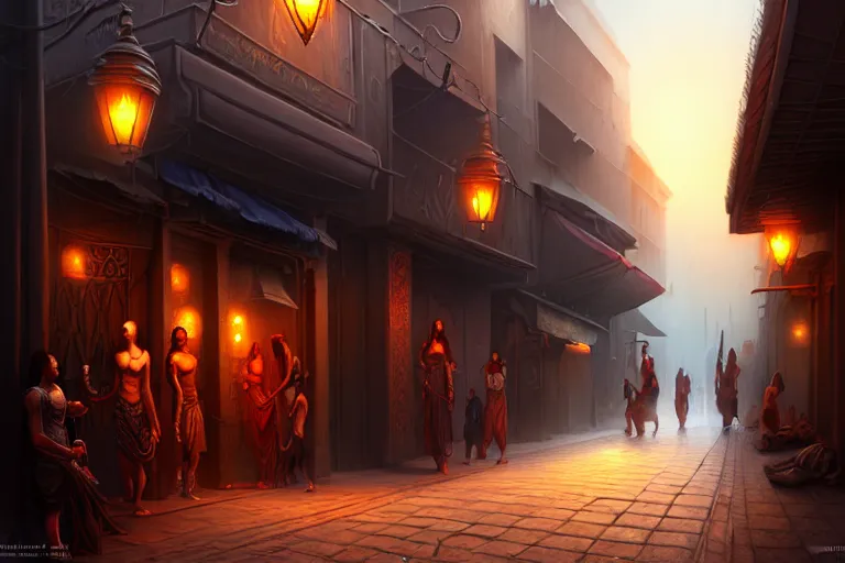 Image similar to a bazaar street in the city of tyr from athas, amazing dark sun digital painting, by gerald brom, brom digital art, intricate details, ultra realistic, beautiful art by brom, volumetric lighting, by brom, trending cgsociety, highly detailed, rim light, art, cinematic lighting, artstation, rim lighting, 8 k