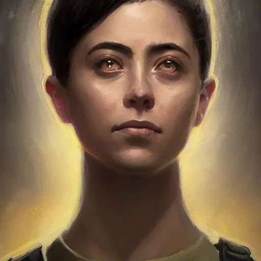 Prompt: portrait of a woman by greg rutkowski, she looks like rosa salazar with military short hair and shaved, impeccable military composure, wearing tactical gear of the galactic alliance, star wars expanded universe, she is about 2 0 years old, highly detailed portrait, digital painting, artstation, concept art, smooth, sharp foccus ilustration, artstation hq