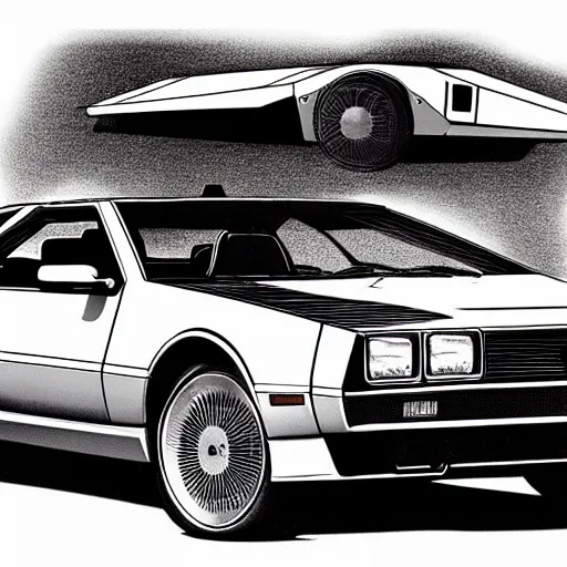 Image similar to dmc delorean car in style of leonardo da vinci sketch diagram