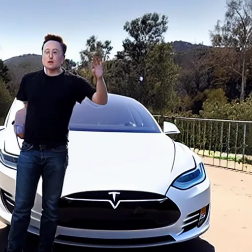 Image similar to elon musk breaking his tesla in his garage the background is the view of 3 tesla