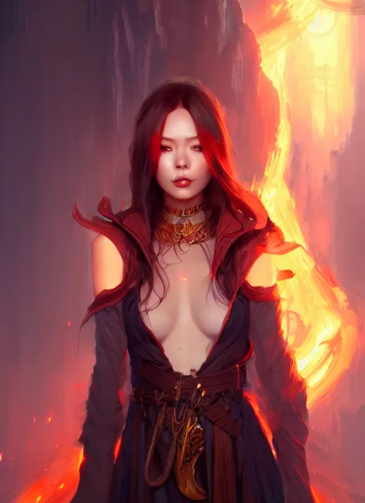 Image similar to character concept art of a fire sorceress, key visual, realistic shaded perfect face, fine details, ultra realistic, dystopian environment and background, by stanley artgerm lau, wlop, rossdraws, james jean, andrei riabovitchev, marc simonetti, and sakimichan, trending on artstation