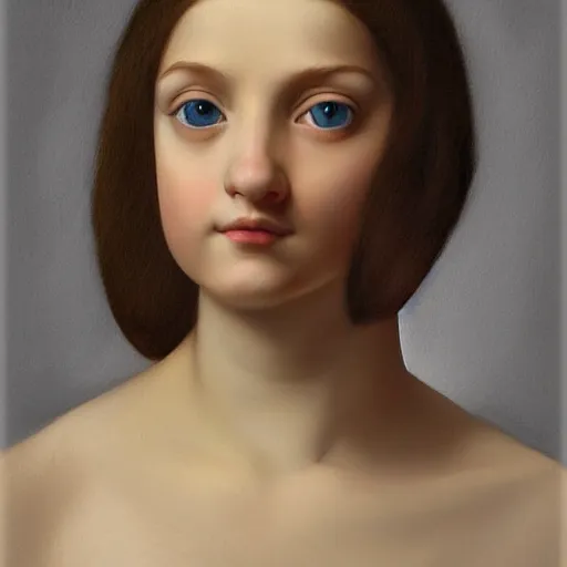 Image similar to full body portrait of a girl with blue eyes, gentle round face, with a bright smile, long dark hair, highly detailed, deep focus, elegant, digital painting, smooth, sharp focus, golden ratio, illustration, ultra realistic, 8 k, art by artemisia lomi gentileschi and caravaggio