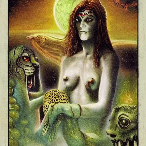 Image similar to extraterrestrial divine godly witch's garden square leopard tequila ophanim entree, by arnold bocklin and guido borelli da caluso and h. p. lovecraft, tarot card, quantum wavetracing, postmodern