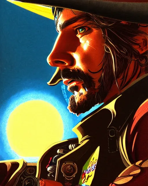 Image similar to mccree from overwatch, cyber space cowboy, character portrait, portrait, close up, concept art, intricate details, highly detailed, vintage sci - fi poster, retro future, vintage sci - fi art, in the style of chris foss, rodger dean, moebius, michael whelan, and gustave dore