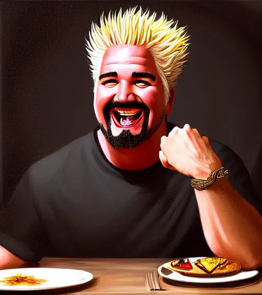 Prompt: portrait of a guy fieri happily gloating sitting upon a table with heightened detail, poised, intense emotion, detailed facial expression, detailed surroundings, intricate, elegant, highly detailed, centered, digital painting, artstation, concept art, smooth, sharp focus, illustration, by ( leonardo da vinci ), wlop