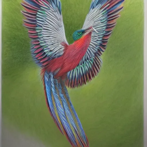 Prompt: a color pencil drawing of a quetzal by natalia rojas and ana maria martinez jaramillo, pastel colors, in the style of wingspan artworks, realistic graphite, high quality, artstation, 4 k, realism, photorealism, extremly fine art