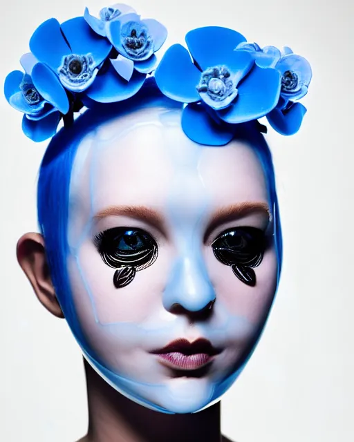 Image similar to symmetrical close - up portrait of a woman wearing a translucent silicone beauty mask and blue hair, wearing a black bodysuit by alexander mcqueen, plastic translucent flowers, black background, soft diffused light, biotechnology, humanoide robot, bjork aesthetic, translucent, intricate details, highly detailed, masterpiece,